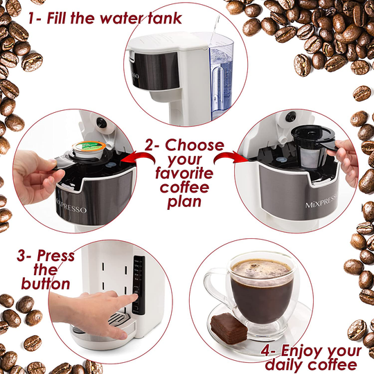 Mixpresso Single Serve 2 in 1 Coffee Brewer K-Cup Pods Compatible & Ground Coffee,Compact Coffee Maker Single Serve With 30 oz Detachable Reservoir, 5 Brew Size and Adjustable Drip Tray