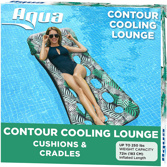 Aqua 18-Pocket Inflatable Contour Lounge, Luxury Fabric, Suntanner Pool Float, Heavy Duty, Teal Ferns