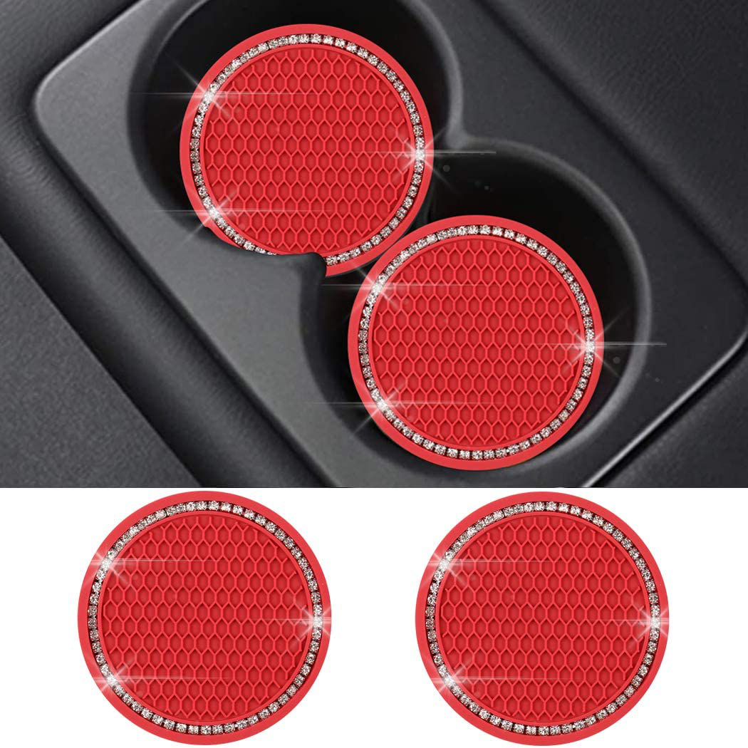 SUNACCL Bling Car Coasters PVC Travel Auto Cup Holder Insert Coaster Anti Slip Crystal Vehicle Interior Accessories Cup Mats for Women and Girl (2.75" Diameter,Pack of 2)