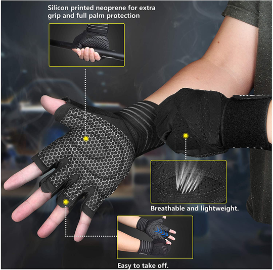 ihuan Ventilated Weight Lifting Gym Workout Gloves Full Finger with Wrist Wrap Support for Men & Women, Full Palm Protection, for Weightlifting, Training, Fitness, Hanging, Pull ups