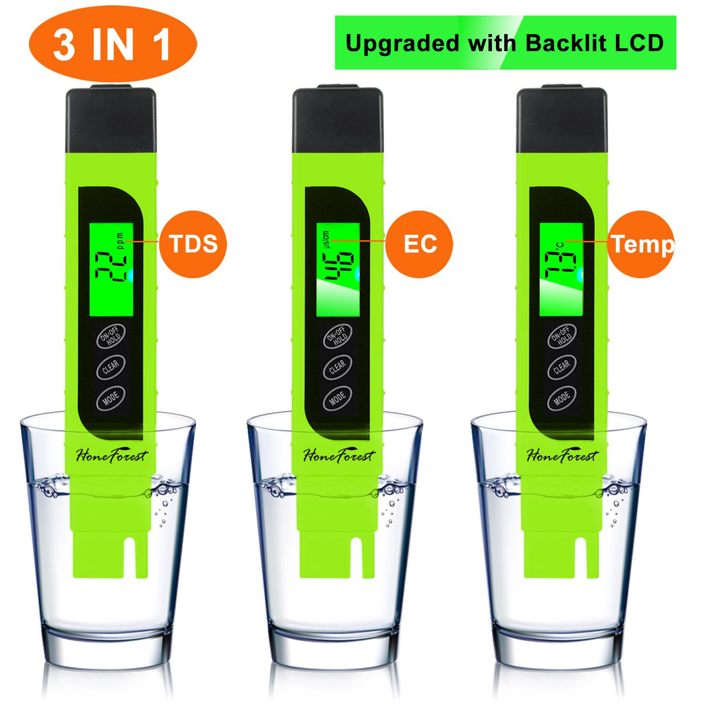 Digital TDS-Meter, Accurate and Reliable, HoneForest TDS, EC & Temp Meter 3 in 1, 0-9990ppm, Ideal Water-Tester-PPM-Meter(Green)