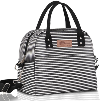 Buringer Reusable Insulated Lunch Bag Cooler Tote Box with Front Pocket Zipper Closure for Woman Man Work Picnic or Travel(Black and White Stripe with Shoulder)
