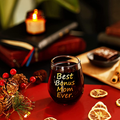 Best Bonus Mom Ever Wine Glass Bonus Mom Gifts Bonus Mom Wine Glass Birthday Mothers Day Christmas Gifts for Mom from Daughter Wine Kids Son with Gift Box Thicken 15 Ounce