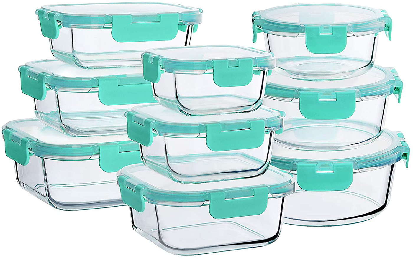 Bayco Glass Food Storage Containers with Lids, [18 Piece] Glass Meal Prep Containers, Airtight Glass Lunch Bento Boxes, BPA-Free & Leak Proof (9 lids & 9 Containers) - White