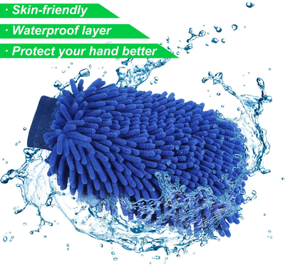 AUTODECO 3pcs Car Wash Cleaning Tools Kit Chenille Microfiber Waterproof Wash Mitt Extra Large Size Wash Glove with Highly Absorbent Drying Cleaning Towel Lint Free Scratch Free - 2 Mitt & 1 Towel