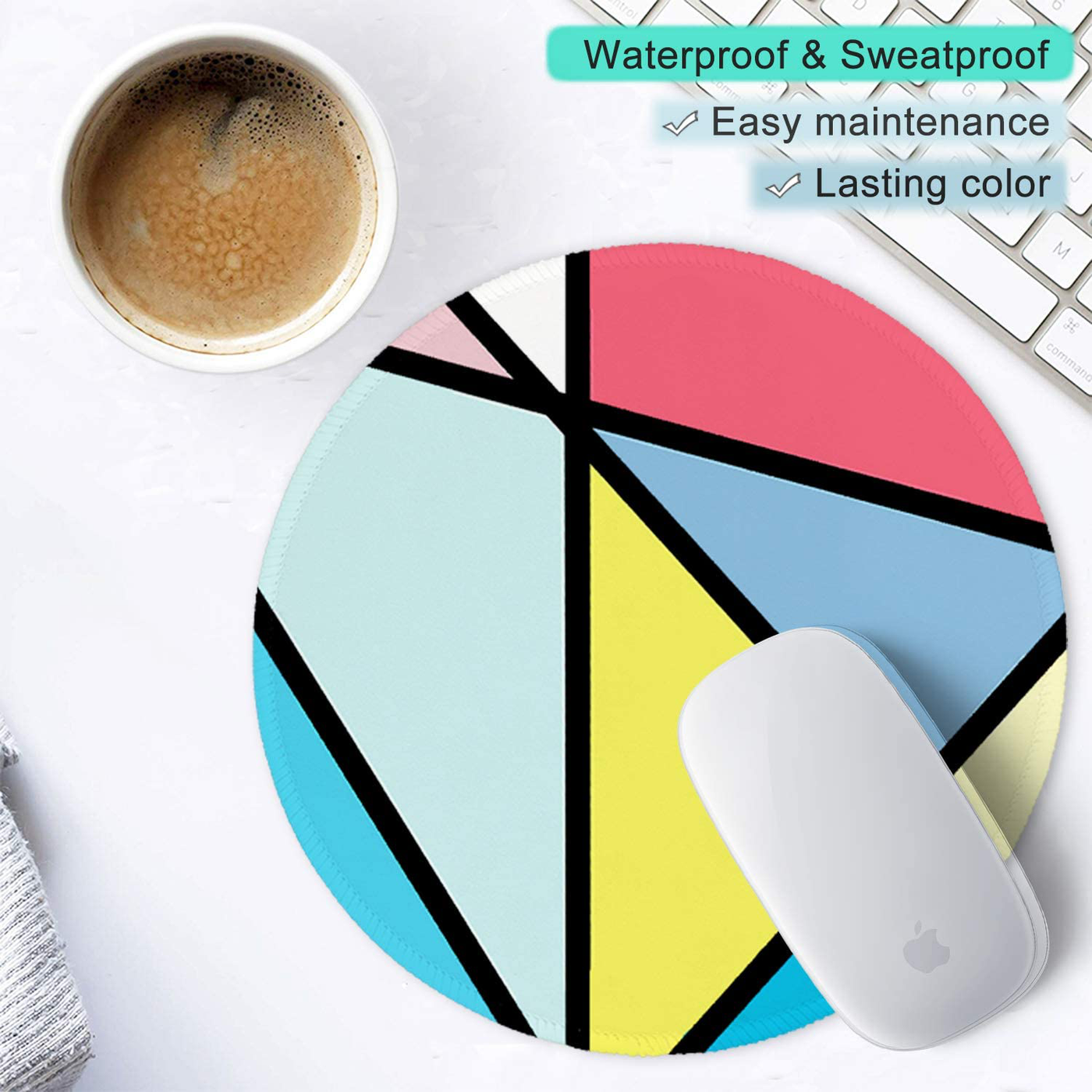 ITNRSIIET Mouse Pad, Colorful Geometric Pattern Design Round Mousepad. Customized Gaming Mousepads for Laptop and Computer. Cute Design Desk Accessories. Non-Slip, Stitched Edges, Waterproof