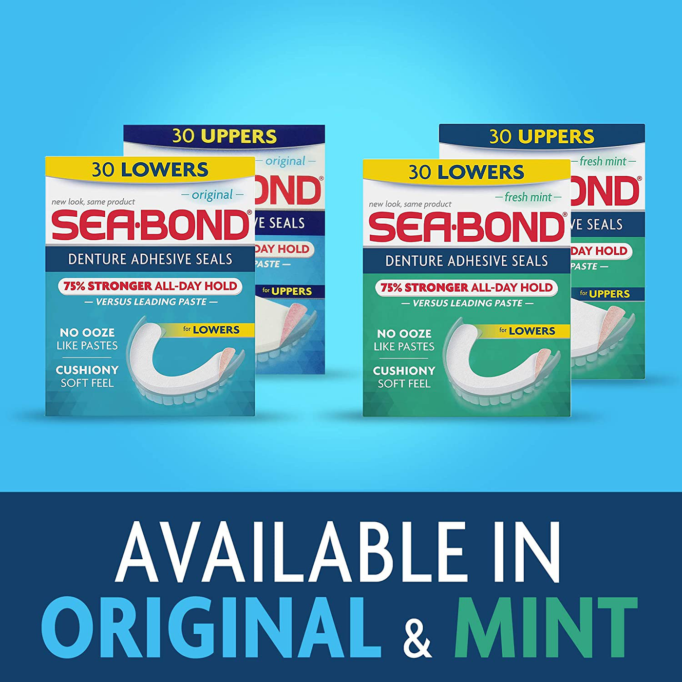 Sea Bond Secure Denture Adhesive Seals, Original Uppers, Zinc Free, All Day Hold, Mess Free, 30 Count