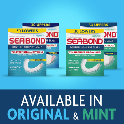 Sea Bond Secure Denture Adhesive Seals, Original Uppers, Zinc Free, All Day Hold, Mess Free, 30 Count
