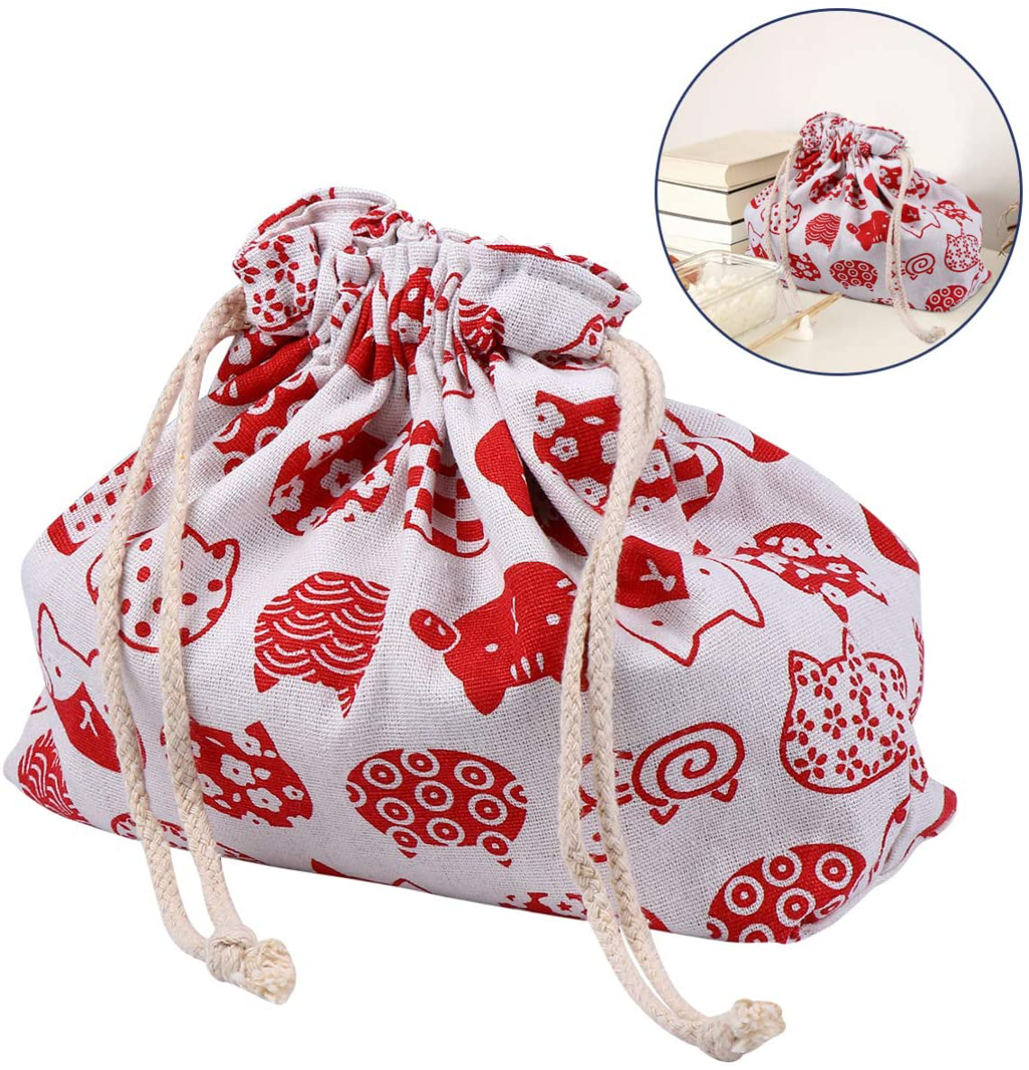 Toyvian Japanese Style Lunch Tote Bag Double Layers Cotton Linen Lunch Pouch Burlap Drawstring Storage Bag Box for Outdoor Activities Travel Business Office School Lunches Red