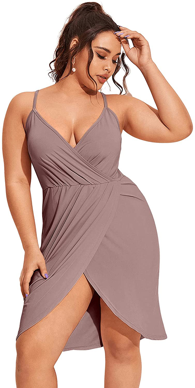 Romwe Women's Plus Size Sexy Wrap Deep V-Neck Split Summer Spaghetti Strap Sleeveless Party Mini Cami Dress