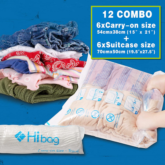 12 Travel Compression Bags, Hibag 12-Pack Roll-Up Space Saver Storage Bags for Travel, Suitcase Size (12-Travel)