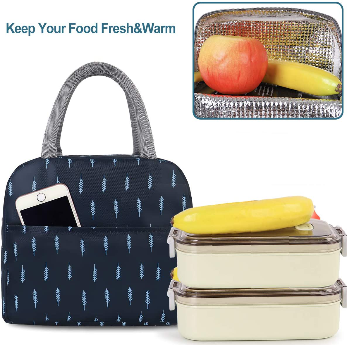 Buringer Reusable Insulated Lunch Bag Cooler Tote Box with Front Pocket Zipper Closure for Woman Man Work Picnic or Travel (Dark Blue White Strip，Small Size)