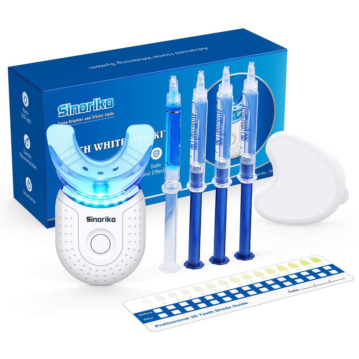 SINORIKO Teeth Whitening Kit with 6X LED Light for Sensitive Teeth 10 Min Fast Result, 3 Carbamide Peroxide Whitening Gel 1 Remineralizing Gel, Mouth Tray with Case, Home Teeth Whitener