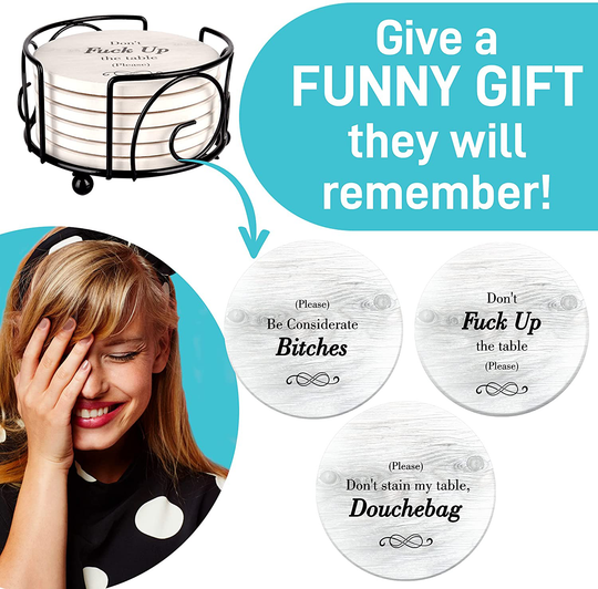 Funny Coasters for Drinks with Holder - Absorbent Drink Coasters Set 6 Pcs - 3 Sayings - Housewarming Gift for Friends - Men, Women Birthday - Cool Home Decor - Living Room, Kitchen, Bar Decorations