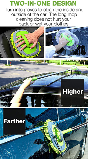 WillingHeart 47.5" Car Wash Brush Mop Cleaning Tool with Long Handle Kit for Washing Detailing Cars Truck, SUV, RV, Trailer, Boat 2 in 1 Chenille Microfiber Sponge Duster Not Hurt Paint Scratch Free