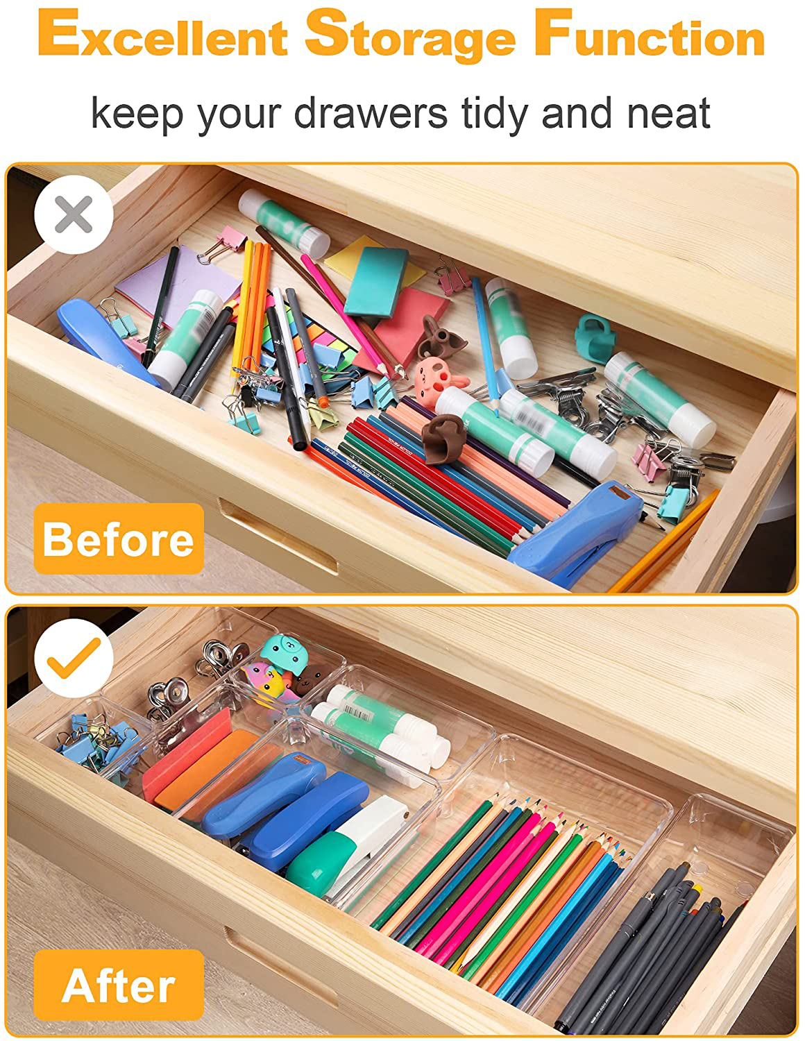 SMARTAKE 13-Piece Drawer Organizers with Non-Slip Silicone Pads, 5-Size Desk Drawer Organizer Trays Storage Tray for Makeup, Jewelries, Utensils in Bedroom Dresser, Office and Kitchen, Light Brown