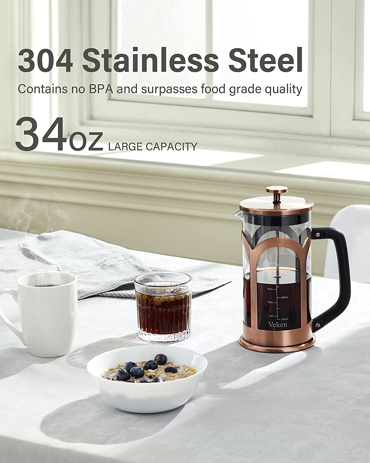 Veken French Press Coffee & Tea Maker, 304 Stainless Steel Heat Resistant Borosilicate Glass Coffee Press with 4 Filter Screens, Durable Easy Clean 100% BPA Free, 21oz, Copper