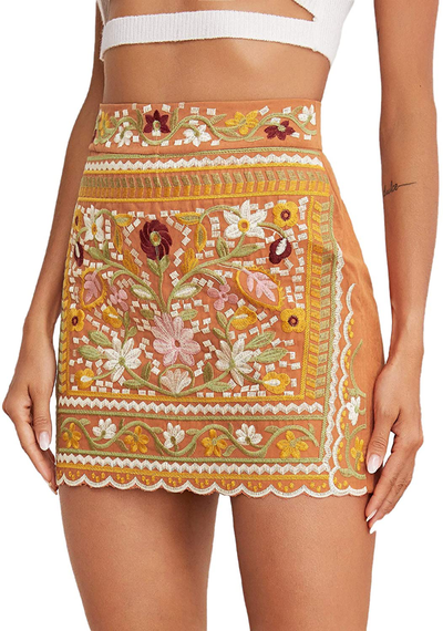 SheIn Women's Casual Floral Embroidered Bodycon Short Mini Skirt