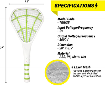 BugKwikZap 2PK of USB Rechargeable Electric Bug Zapper 3600V, Mosquito Killer Racket, Rechargeable Battery Powered Fly Swatter (White-Green)