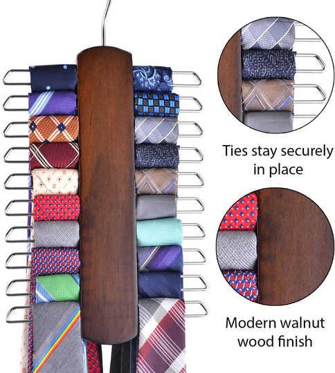 Umo Lorenzo Premium Wooden Necktie and Belt Hanger, Walnut Wood Center Organizer and Storage Rack with a Non-Slip Finish - 20 Hooks (Wooden)