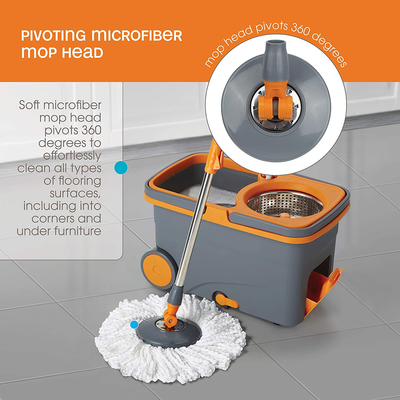 Casabella Microfiber Spin Mop and Bucket System with Replacement Head Refill, Graphite/Orange