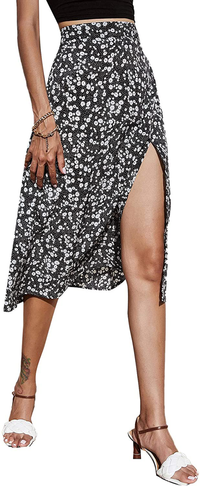 SheIn Women's Boho Ditsy Floral Knot High Waisted Wrap Split Midi Skirt