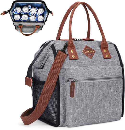 LOKASS Leak-proof Lunch Box for Women Insulated Lunch Cooler Bag Thermal Lunch Tote with Removable Shoulder Strap for Men Girls Adult Large Picnic Bag for Office Work College Outdoor, Grey