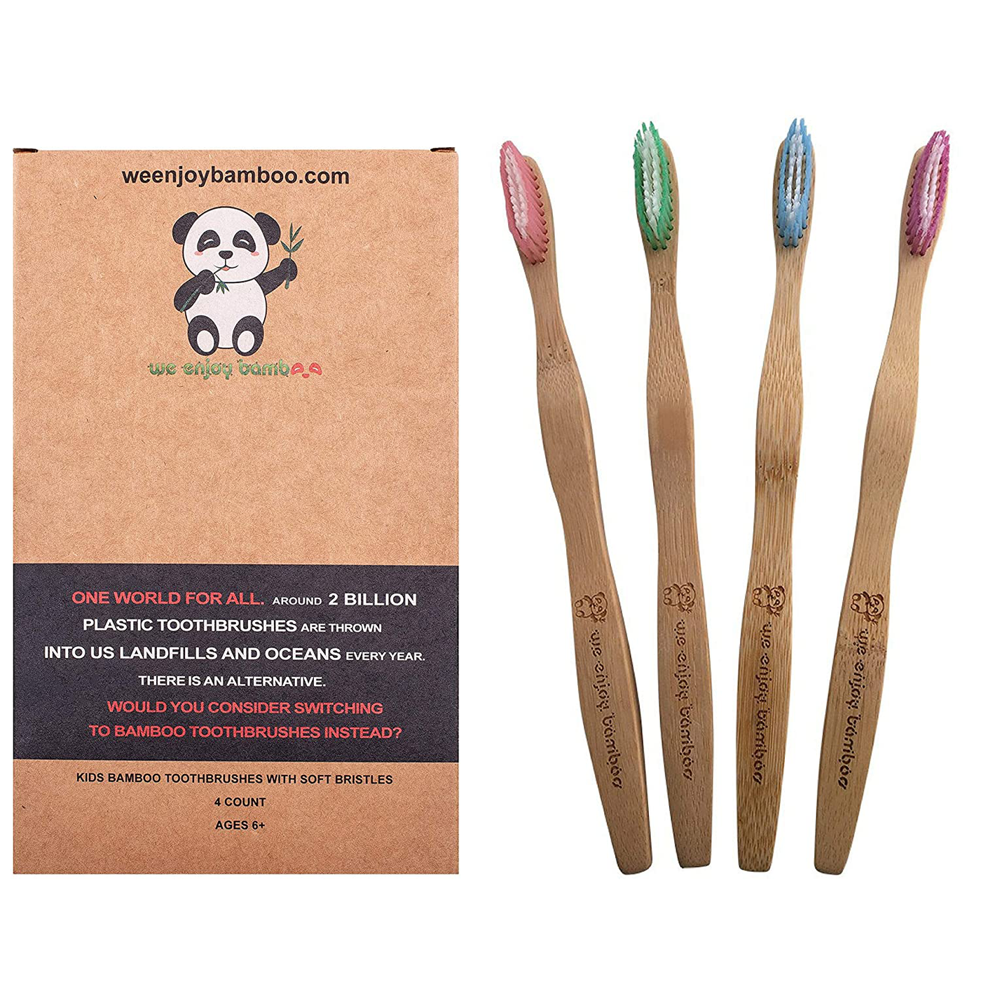 Natural Organic Eco Friendly Bamboo Toothbrush Adult Soft Nylon Bristles, BPA Free, 100% Plastic Free & Biodegradable Handles & Packaging, Responsible Dental Care, 4-Pack