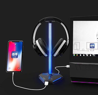 COZOO RGB Headphone Stand with 2 USB2.0 Extension Charging Port Extender Cord,Headset Stand Holder for Gamer Desktop Table Game Earphone Accessories