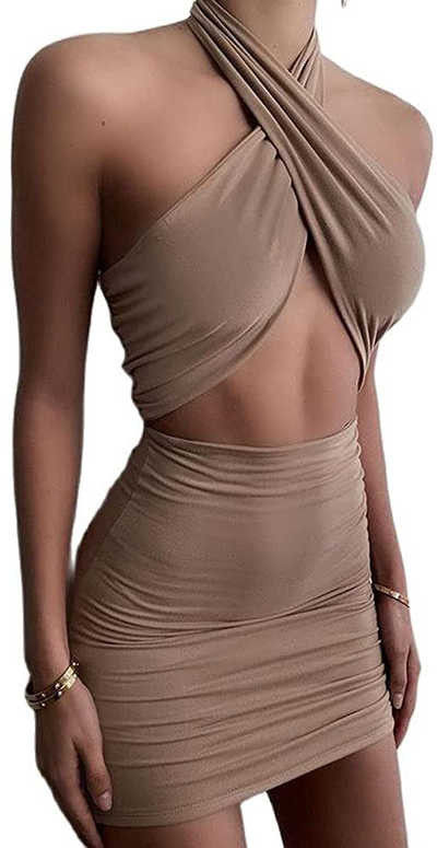 XLLAIS Women Sexy Club Dress Halter Criss Cross Ruched Sleeveless Mini Bodycon Dresses Beachwear