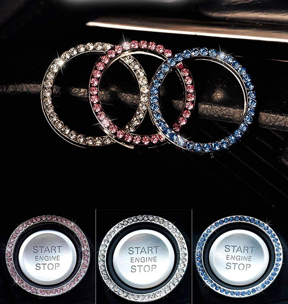 Personality Car Interior Emblem Crystal Ring Sticker,Automotive Parts Start Engine Ignition Button Key & Knobs Key Ignition & Knob Bling Ring, Car Glam Interior Accessory, Unique Women Gift(Silver)