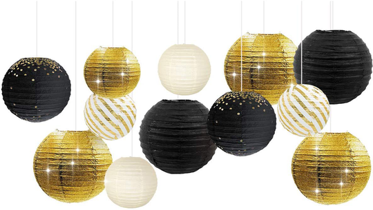 Black & Gold Party Supplies - 12Pcs Black and Gold Metallic Foil Paper Lanterns