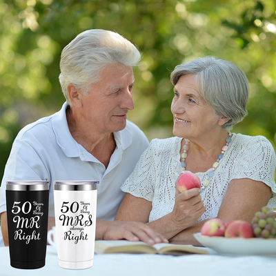 2 Pieces 50th Wedding Anniversary Coffee Mug, 50 Years of Being MR/MRS Always Right Gifts Set for Grandparents Couple Husband Wife, 20 oz Mug Tumbler with Lids and Gift Box (Black, White)