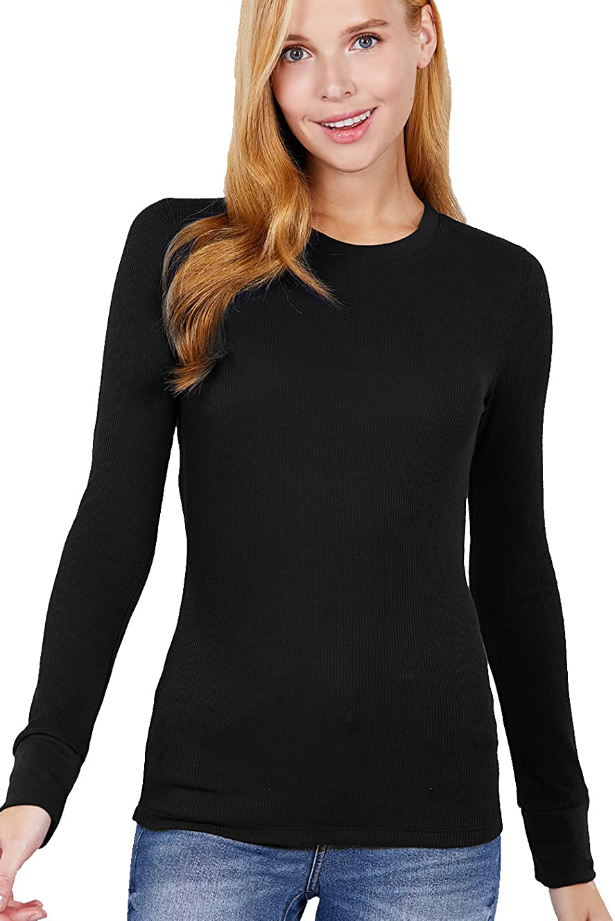 Womens Basic Solid Lightweight Long Sleeve Crew Neck & V Neck Fitted Thermal Warm wear Top Shirt Plus (S-2XL)