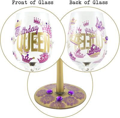 Top Shelf “Birthday Queen” Decorative Wine Glass ; Funny Gifts for Women ; Hand Painted Purple and Gold Design ; Unique Red or White Wine Glasses