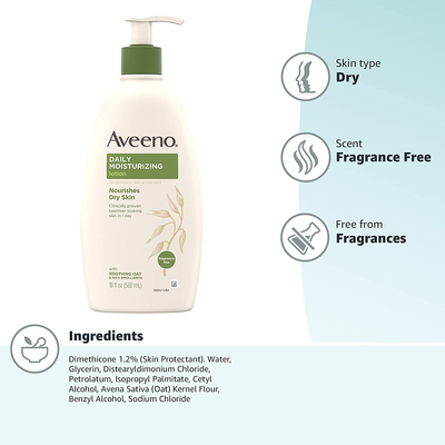 Aveeno Daily Moisturizing Body Lotion with Soothing Oat and Rich Emollients to Nourish Dry Skin, Gentle & Fragrance-Free Lotion is Non-Greasy & Non-Comedogenic, 18 Fl Oz