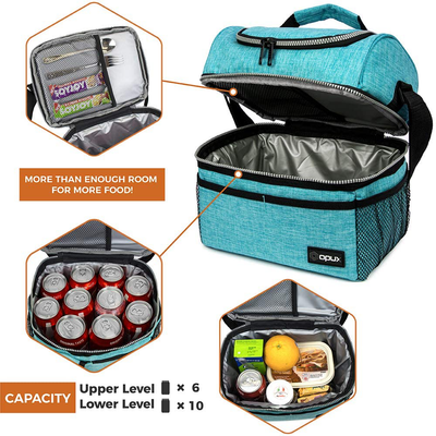 Insulated Dual Compartment Lunch Bag for Men, Women | Double Deck Reusable Lunch Box Cooler with Shoulder Strap, Leakproof Liner | Medium Lunch Pail for School, Work, Office (Aqua Turquoise)