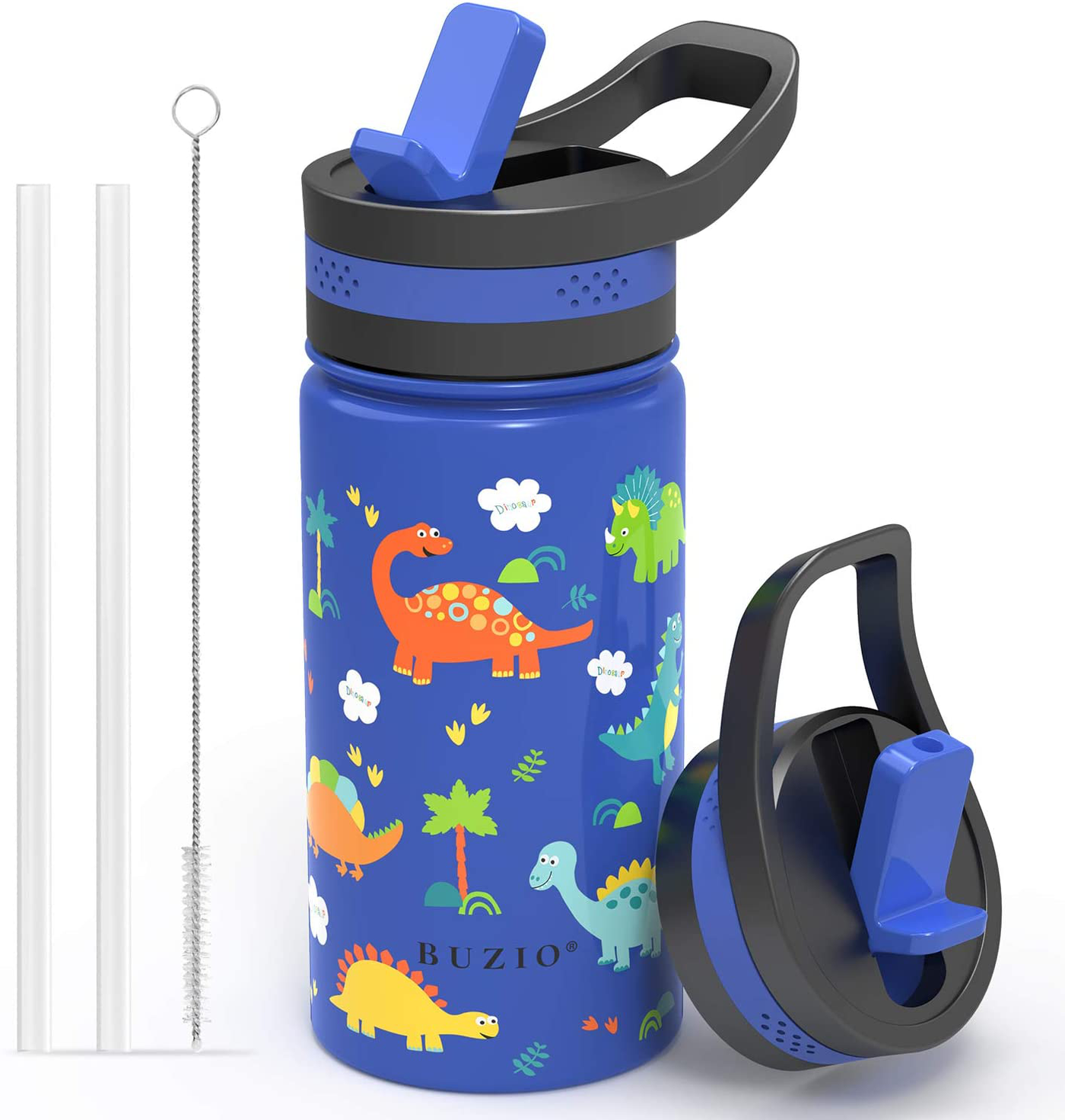 Insulated Water Bottle with Straw Lid, BUZIO Vacuum Double Walled Stainless Steel Wide Mouth Sports Drink Flask Tumbler Travel Cup for Kids, Simple Thermo Canteen Mug Cup with Blue Shark