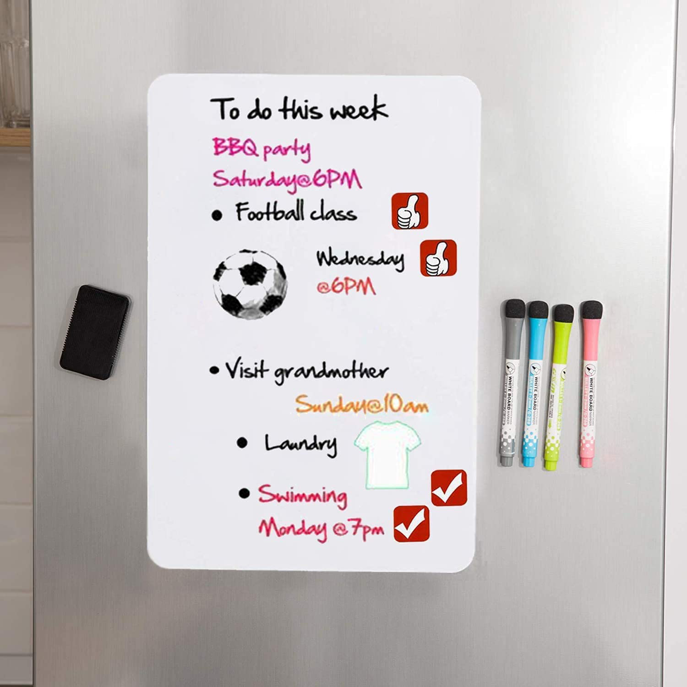 Magnetic Dry Erase Boards White Board Sheet for Fridge - with Stain Resistant Technology - Includes 4 Markers and 4 Magnetic icon and a Eraser - Refrigerator Whiteboard Planner (17x11 inch)