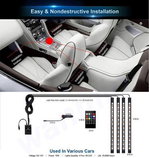 Led Interior Car Lights, Controller Led Lights for Cars, Multicolor Music Underglow Lighting Kits with Wireless Control and Sound Active Function, Car Charger Included, DC 12V