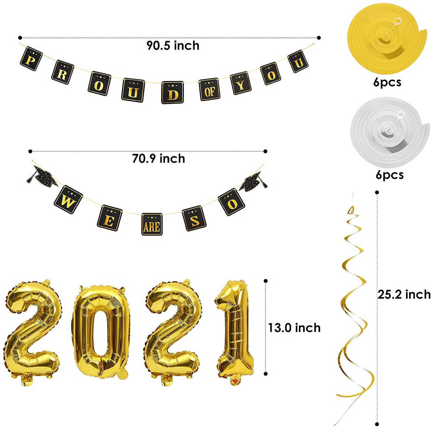 Graduation Decorations 2021, Graduation Party Supplies 17 pcs, We are So Proud of You' Banner with 12 pcs Hanging Swirls and Gold 2021 Graduation Balloons, Black and Gold Decorations