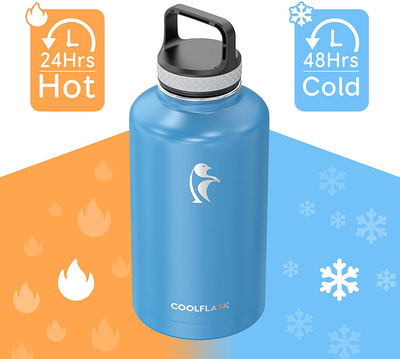 Insulated Water Bottle 64 oz with Reusable Straw & Spout Lid, Coolflask Half Gallon Water Jug, Sweat-Proof BPA-Free Keep Cold for 48 Hrs or Hot for 24 Hrs, King's Blue