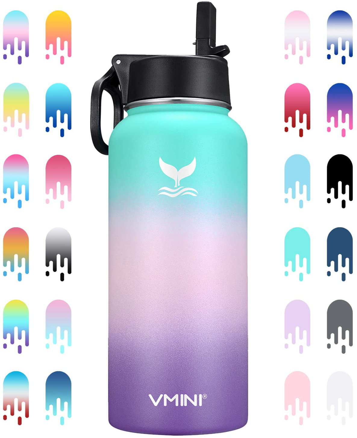 Vmini Water Bottle with New Wide Handle Straw Lid, Wide Mouth Vacuum Insulated 18/8 Stainless Steel, 32 oz, Gradient Mint + Pink + Purple
