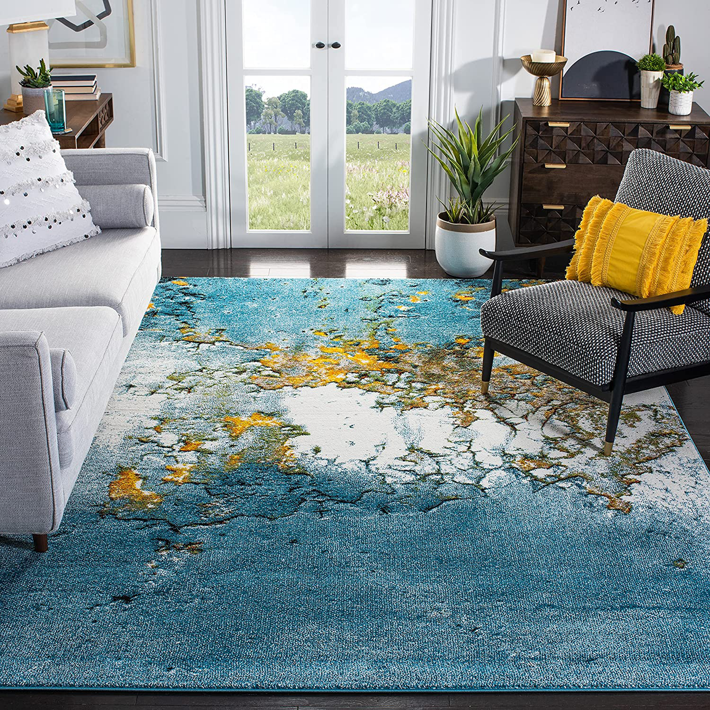 Safavieh Glacier Collection GLA125M Modern Abstract Non-Shedding Stain Resistant Living Room Bedroom Area Rug, 2'7" x 5', Blue / Gold