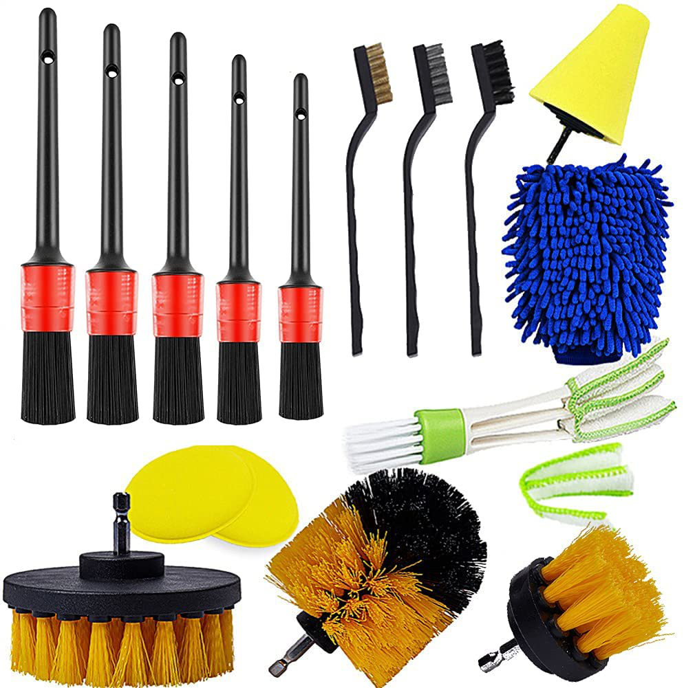 Auto Car Detailing Kit Interior Exterior - 5 Detail Brush, 3 Wire Brush, 3 Drill Brush, 2 Car Wash Sponge,1 Cone Sponge,1 Microfiber Mitt, 1 Automotive Air Vent Brush and Cloth