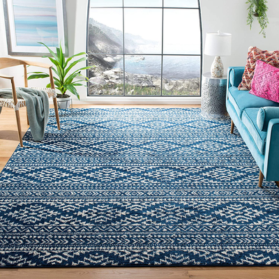 Safavieh Tulum Collection TUL272C Moroccan Boho Tribal Non-Shedding Stain Resistant Living Room Bedroom Area Rug, 3' x 3' Round, Ivory / Blue