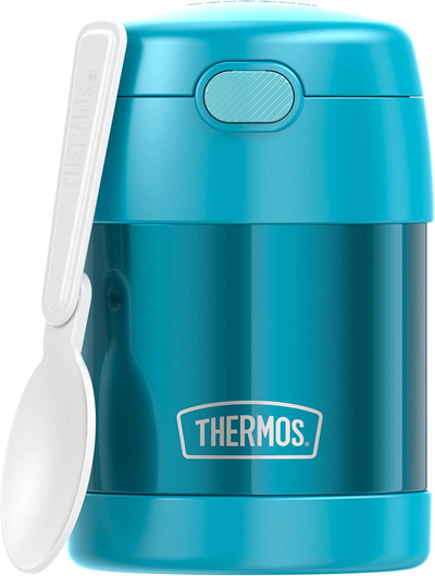 THERMOS FUNTAINER 10 Ounce Stainless Steel Vacuum Insulated Kids Food Jar with Folding Spoon, Grey And Aqua Waves
