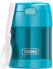 THERMOS FUNTAINER 10 Ounce Stainless Steel Vacuum Insulated Kids Food Jar with Folding Spoon, Grey And Aqua Waves