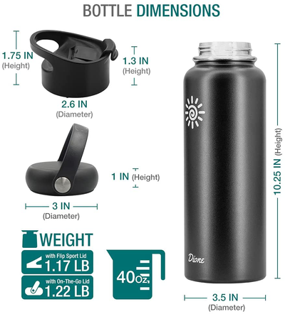 Dione Water Bottle 40 oz. Flask Double Wall Stainless Steel & Vacuum Insulated (Black) Sport Hydro Container for Home, Office, School, Outdoor Camping (Standard Mouth / Leak Proof / BPA Free Cap)