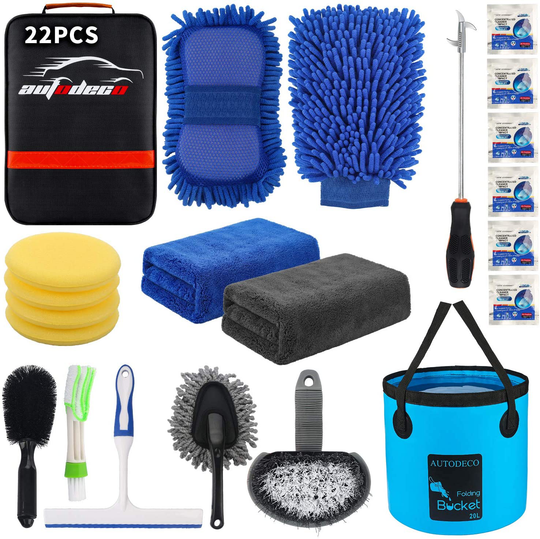 AUTODECO 22Pcs Car Wash Cleaning Tools Kit Car Detailing Set with Black Canvas Bag Collapsible Bucket Wash Mitt Sponge Towels Tire Brush Window Scraper Duster Complete Interior Car Care Kit